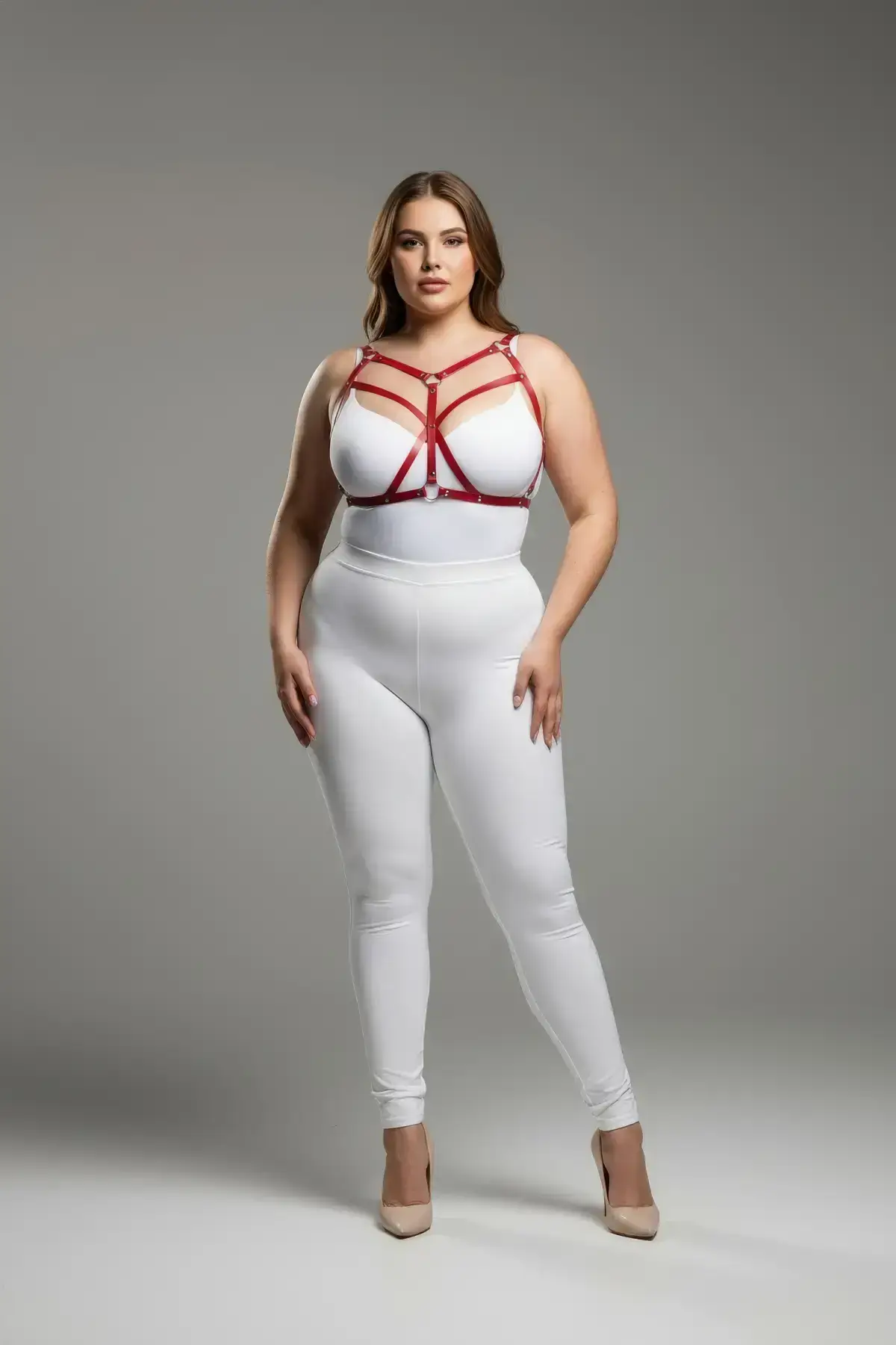 Plus Size Red Women's Leather Harness Set Crossbody Strap Aesthetic Body Accessory - SH247