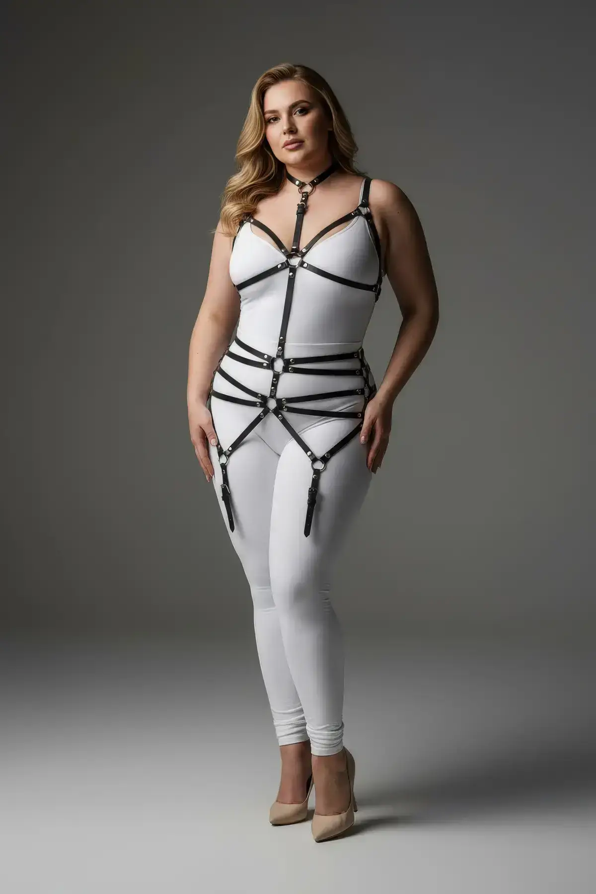 Plus Size Black Women's Leather Garter Harness Bustier Style Fantasy Accessory - SH262