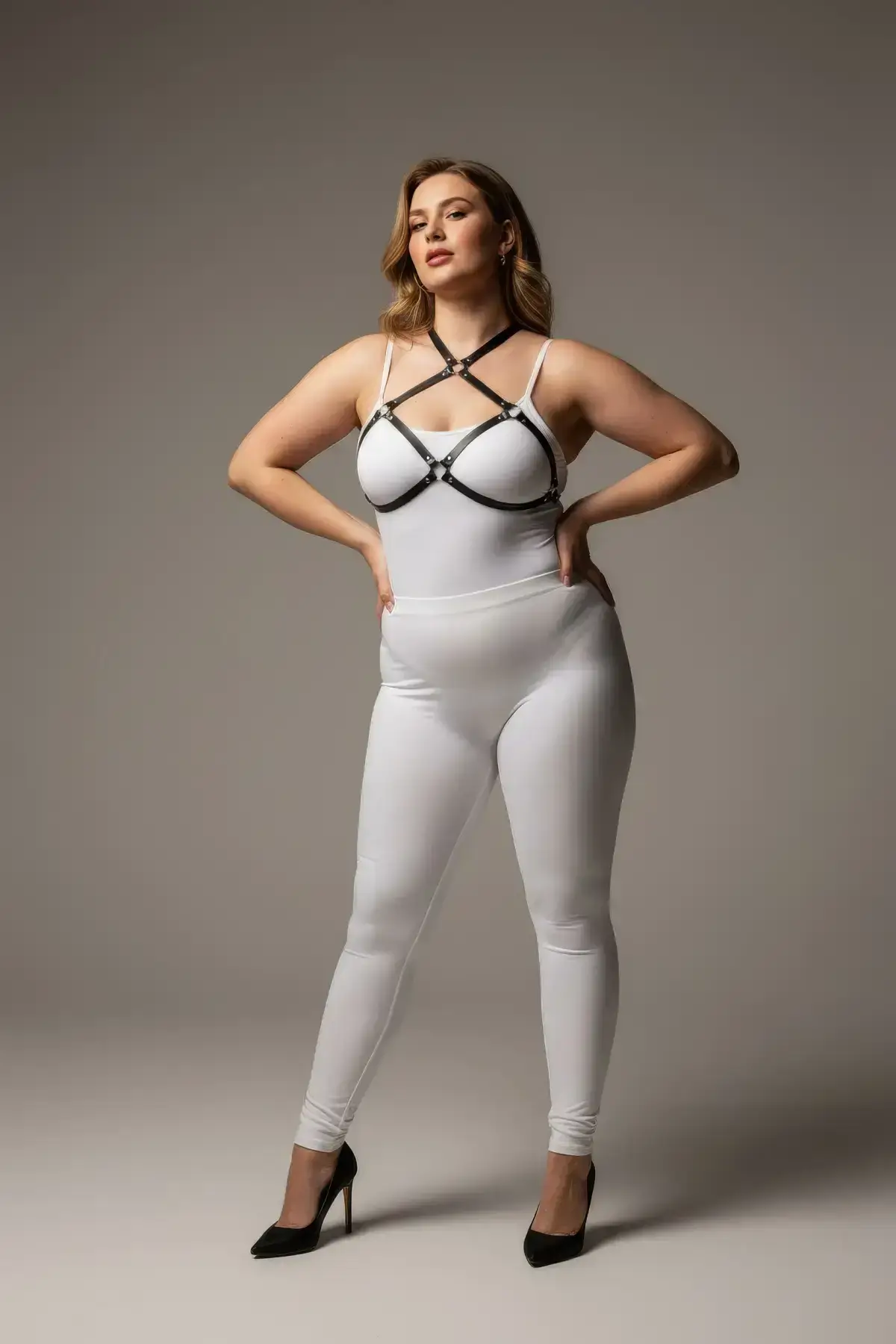 Plus Size Black Women's Harness with Ring Detail Leather Chest Accessory - SH263