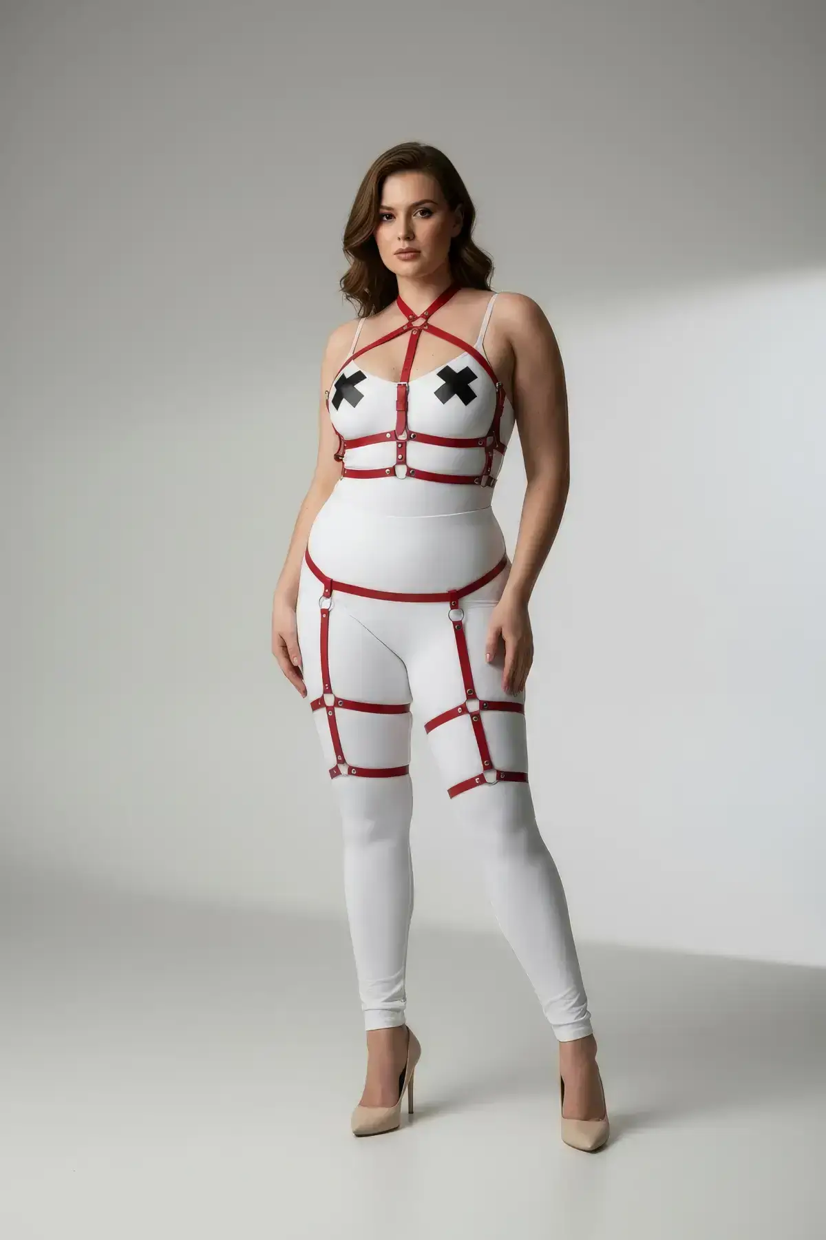 Plus Size Red Women's Garter Harness Leather Body Accessory Set - SH272