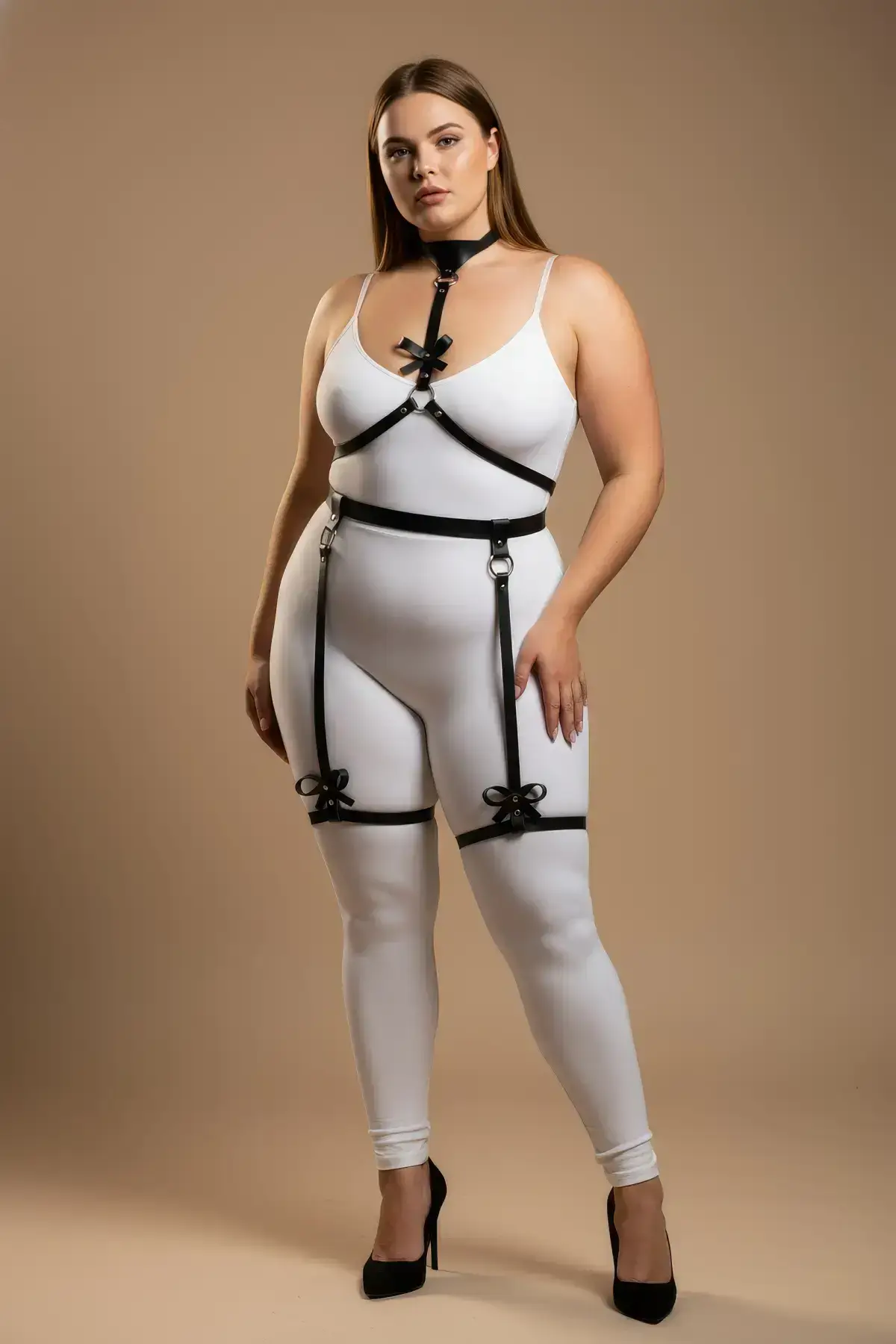 Plus Size Black Women's Garter Harness with Bow Detail Fantasy Body Accessory - SH276