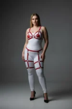 Plus Size Red Women's Garter Harness Leather Fantasy Lingerie Set - SH285