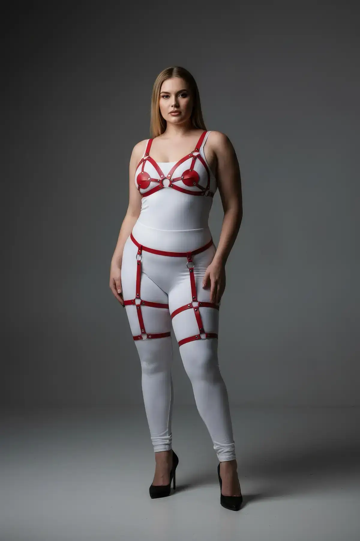 Plus Size Red Women's Garter Harness Leather Fantasy Lingerie Set - SH285