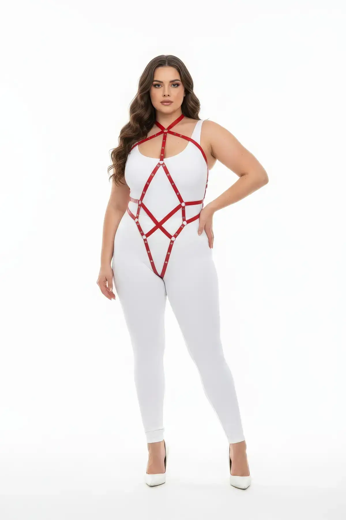 Plus Size Red Women's Full Body Leather Harness Fantasy Lingerie - SH295