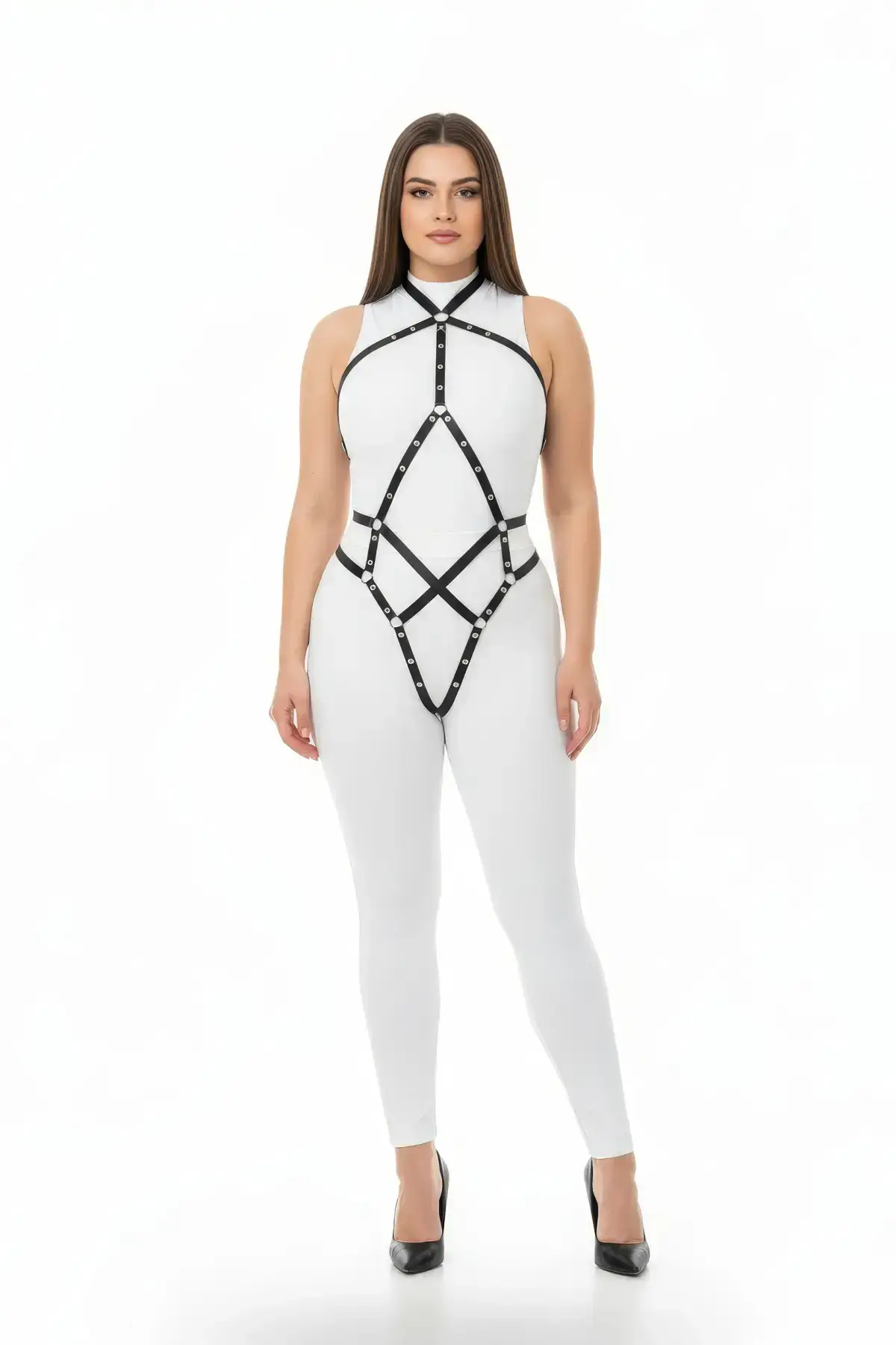 Plus Size Black Women's Leather Harness with Metal Details Body Accessory - SH295