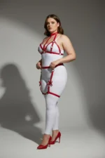 Plus Size Red Women's Leather-Look Garter Harness Set with Bow Detail - SH310 - Image 2