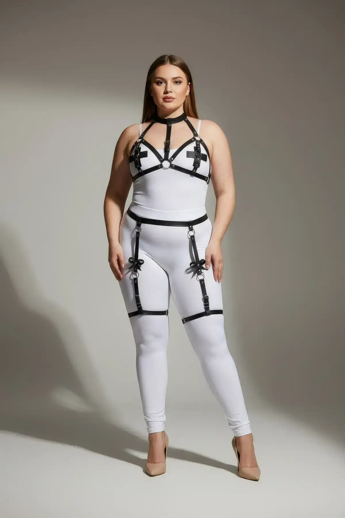 Plus Size Black Women's Leather Garter Harness Bustier Detailed Fantasy Set - SH310