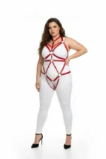 Plus Size Red Women's Harness Set with Ring Detail, Leather Fancy Accessory - SH316