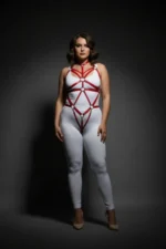 Plus Size Red Women's Harness Set with Ring Detail, Leather Fancy Accessory - SH316 - Image 4