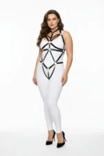 Plus Size Black Women's Full Body Harness Set with Ring Detail and Leather Accessory - SH316