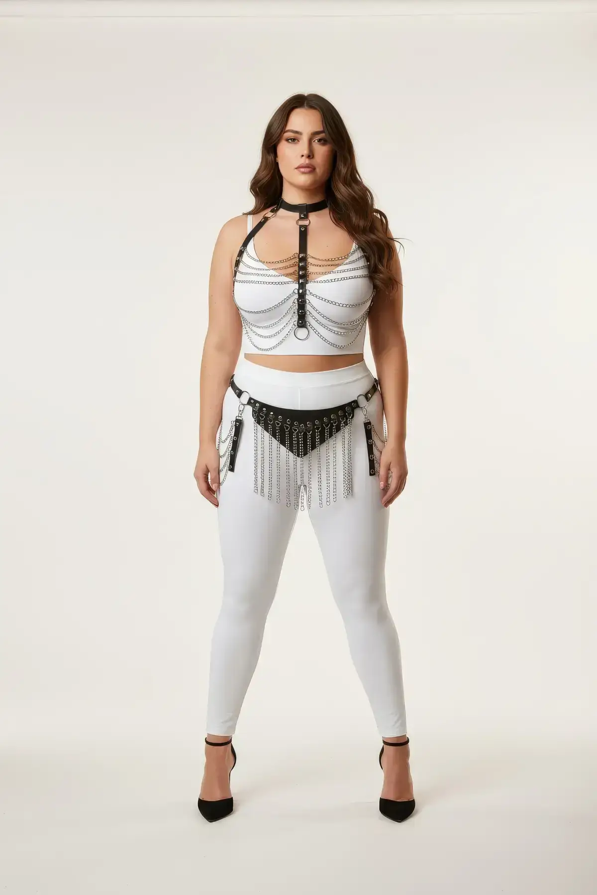 Plus Size Black Women's Harness Set with Chain and Tassel Details, Leather Fancy Accessory - SH328