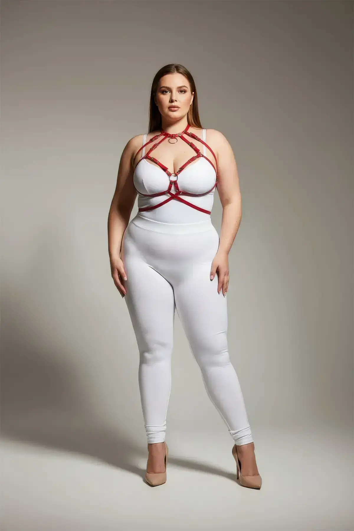 Plus Size Red Women's Leather Harness Set with Ring Detail Chest Accessory - SH330