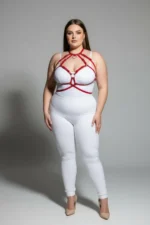 Plus Size Red Women's Leather Harness Set with Ring Detail Chest Accessory - SH330 - Image 2