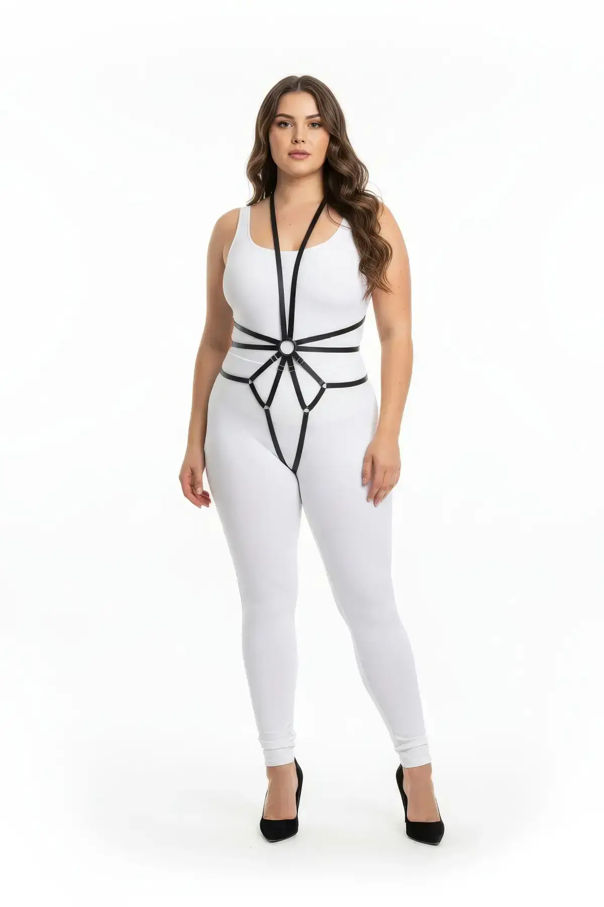 Plus Size Black Women's Leather Harness Full Body with Ring Detail - SH339