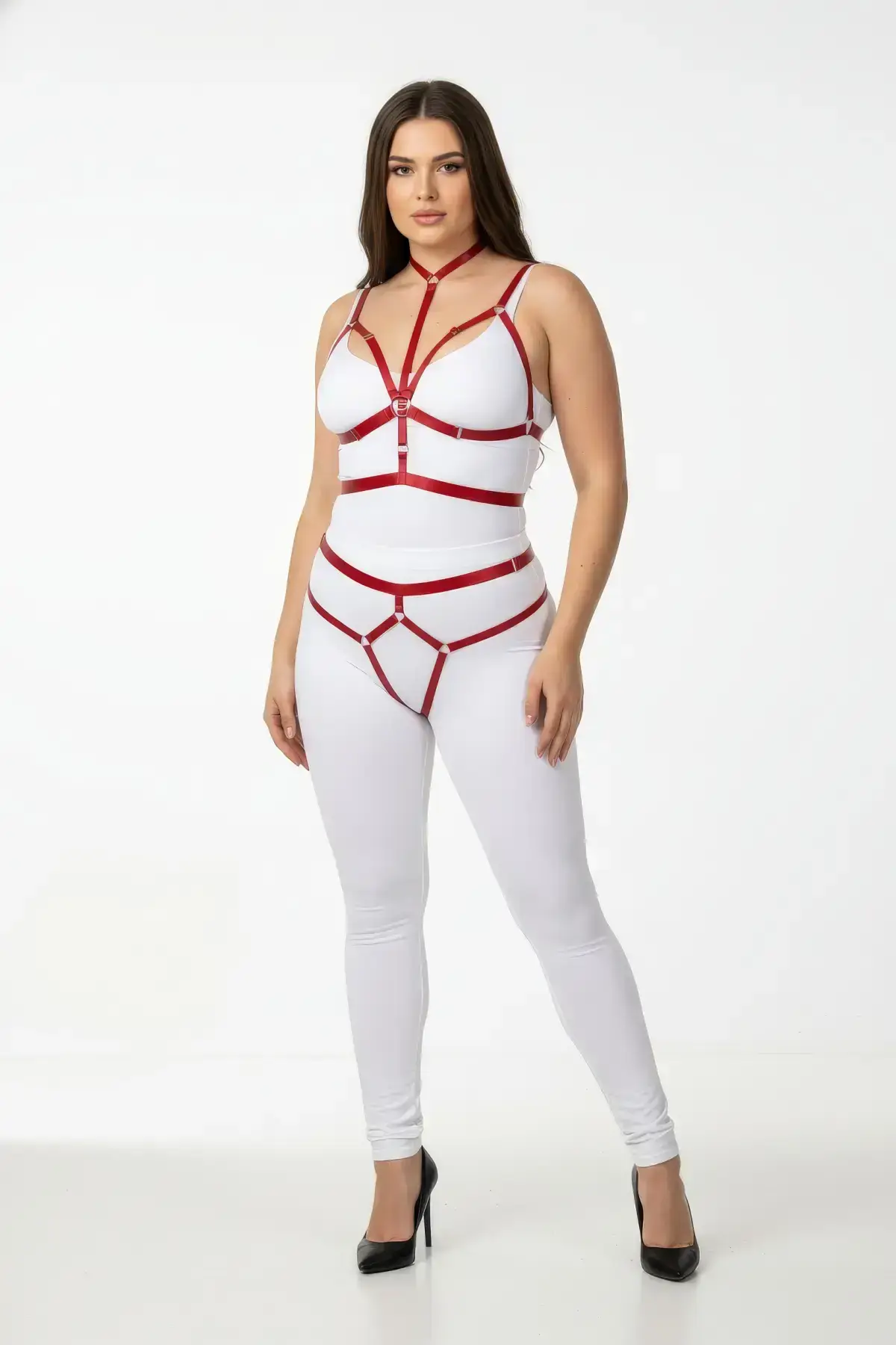 Plus Size Red Women's Harness Set Shiny Rubber Harness - SH362