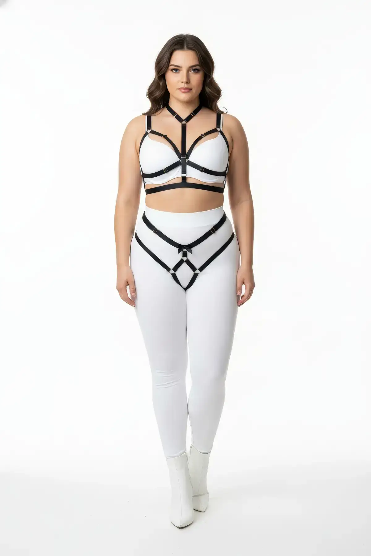 Plus Size Black Women's Elastic Harness Set with Ring Detail - SH362