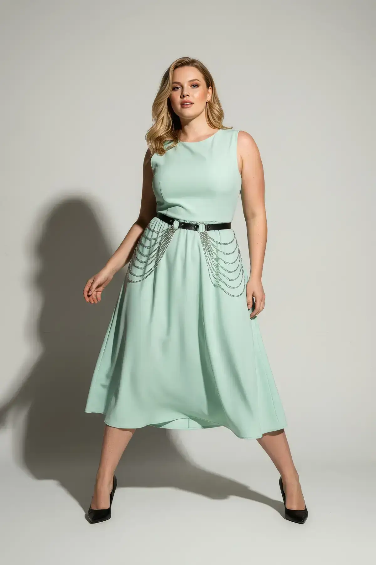 Plus Size Black Women's Leather Belt Chain Detail Dress Top - SH391