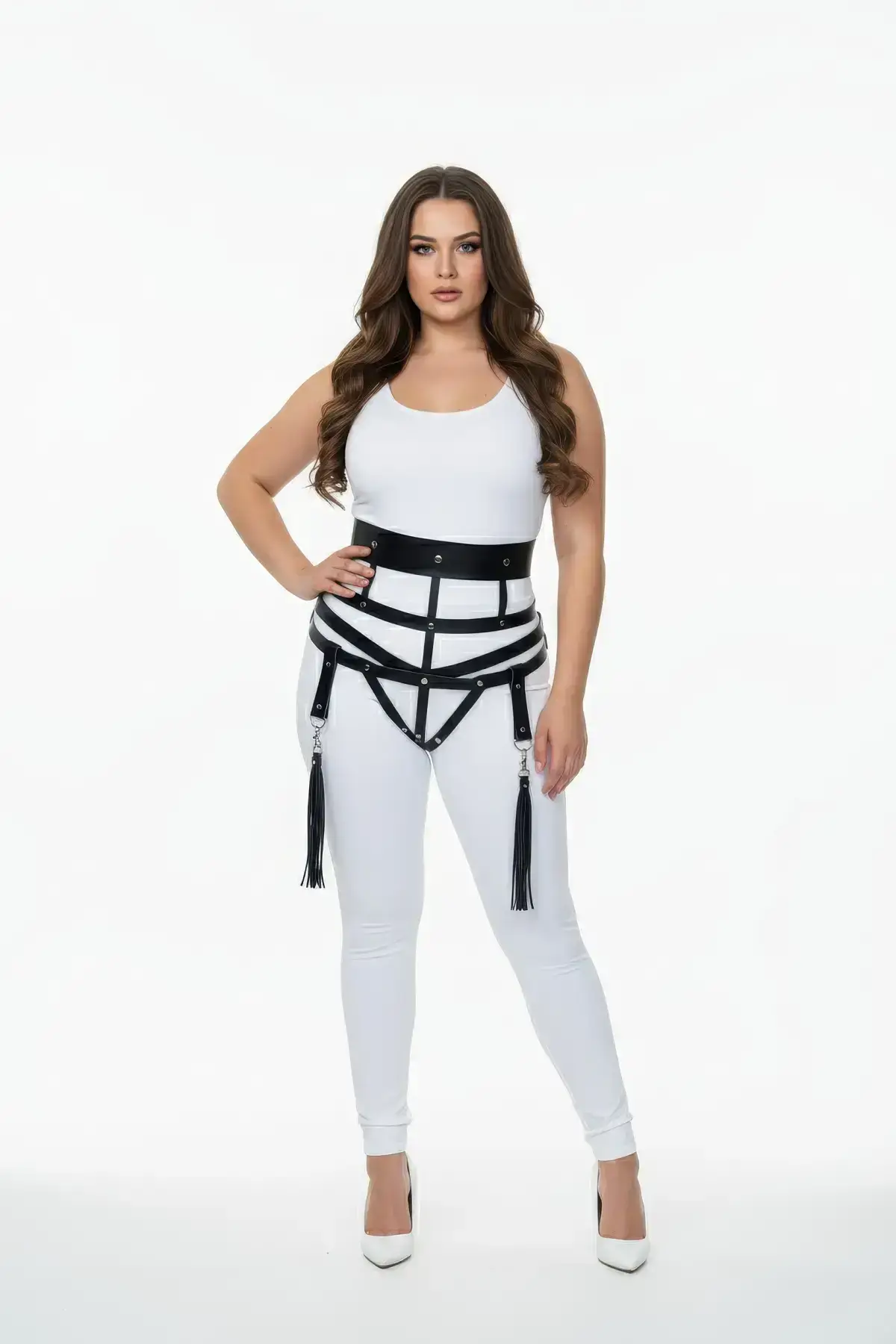 Plus Size Black Women's Leather Harness Set with Garter and Tassel Details - SH397