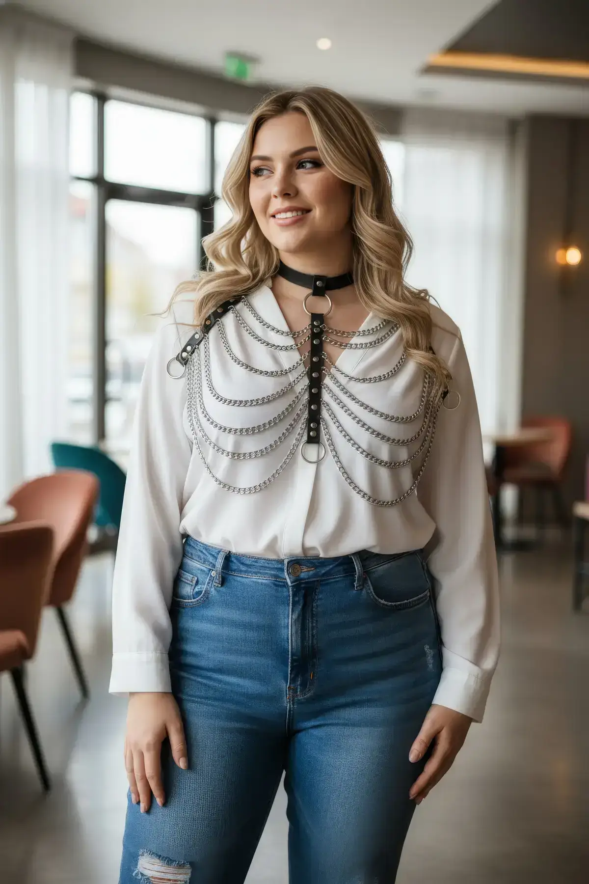 Plus Size Black Women's Leather Harness Body Accessory with Chain Detail - SH401