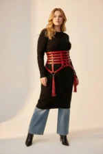 Plus Size Red Women's Belt Corset Style Leather Accessory with Tassel Detail - SH408 - Image 2