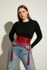 Plus Size Red Women's Belt Corset Style Leather Accessory with Tassel Detail - SH408 - Image 5