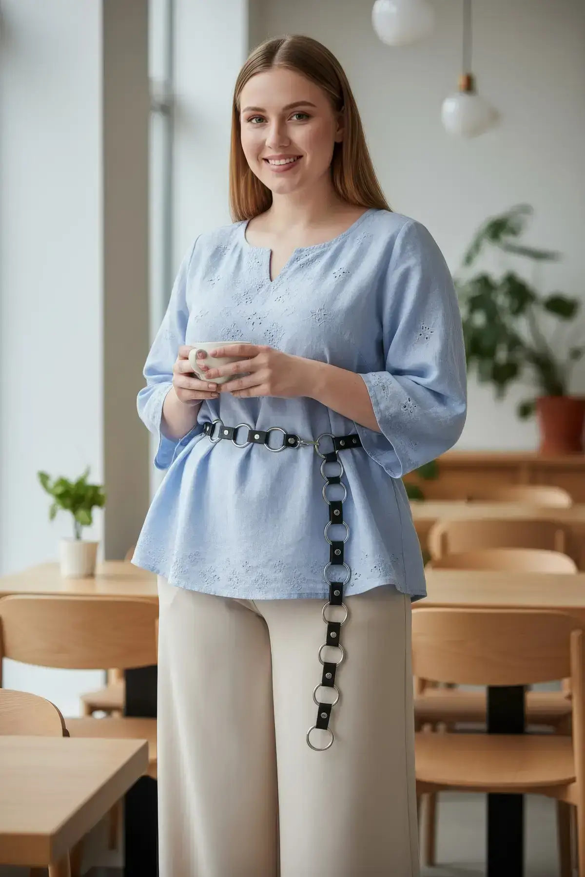 Plus Size Black Women's Dress and Shirt Combination with Belt Chain and Link Detail - SH427