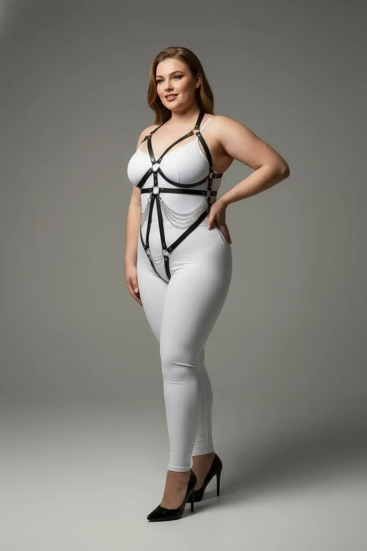 Plus Size Black Women's Leather Harness Set with Chain and Ring Detail Fantasy Accessory - SH441