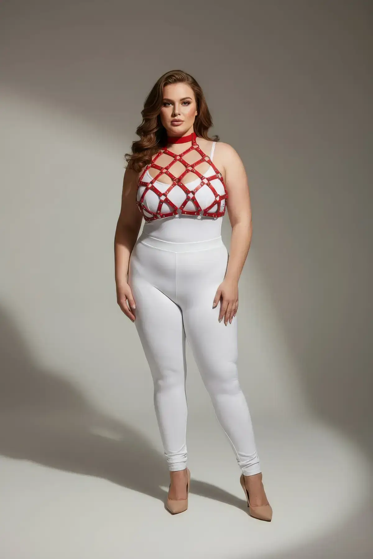 Plus Size Red Women's Leather Harness Set with Stud Details - Stylish Accessory - SH443