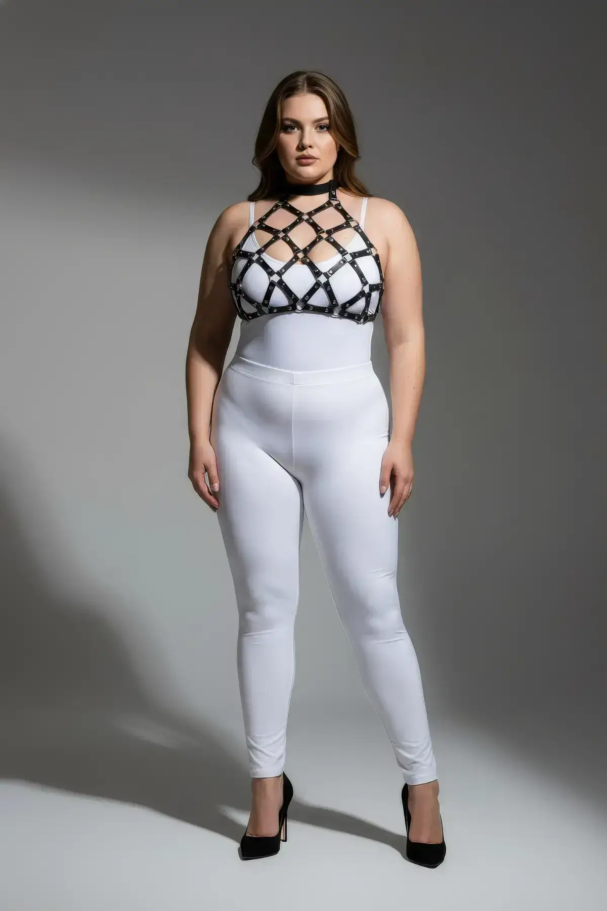 Plus Size Black Women's Harness Set with Ring Detail Fantasy Leather Chest Accessory - SH443