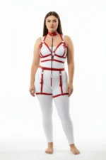 Plus Size Red Women's Harness Set with Chain Detail and Garter Belt - SH457 - Image 2