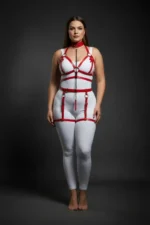 Plus Size Red Women's Harness Set with Chain Detail and Garter Belt - SH457 - Image 4