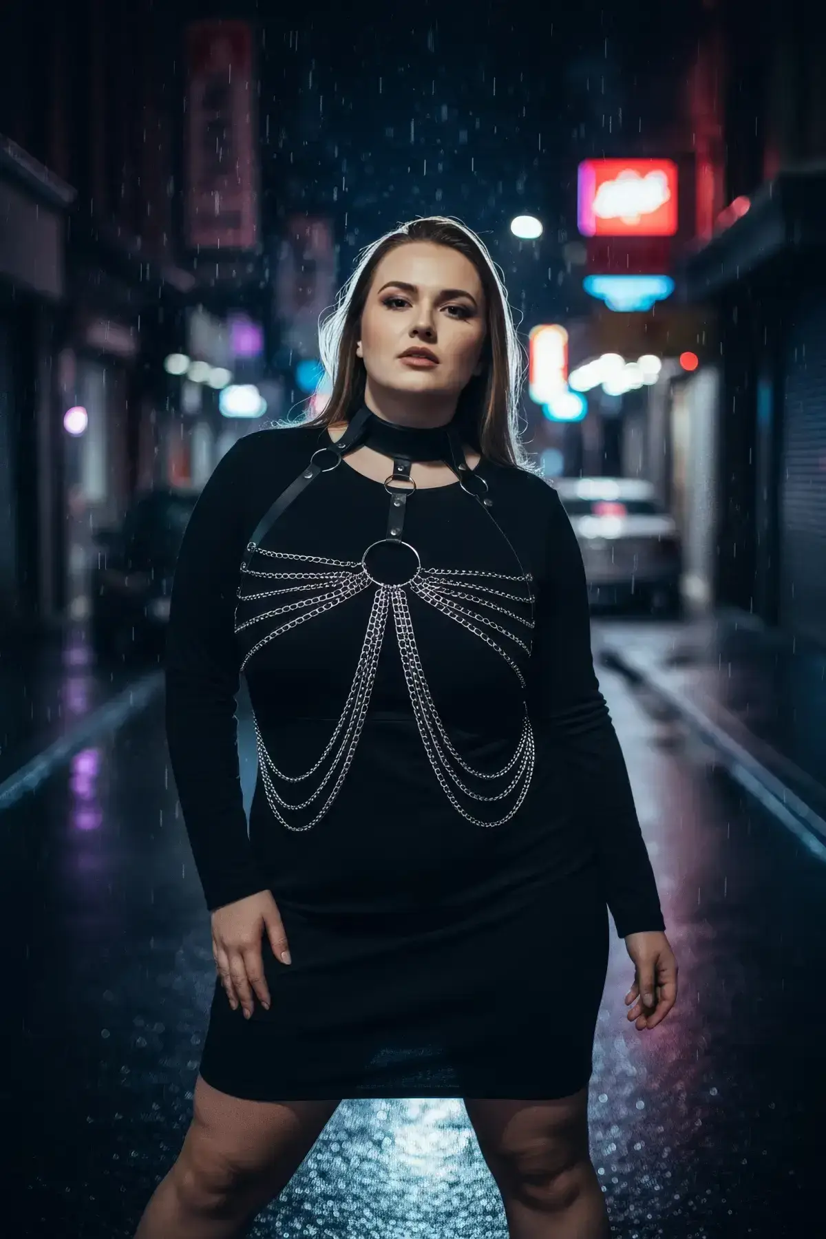 Plus Size Black Women's Leather Body Accessory with Belt and Chain Detail - SH463