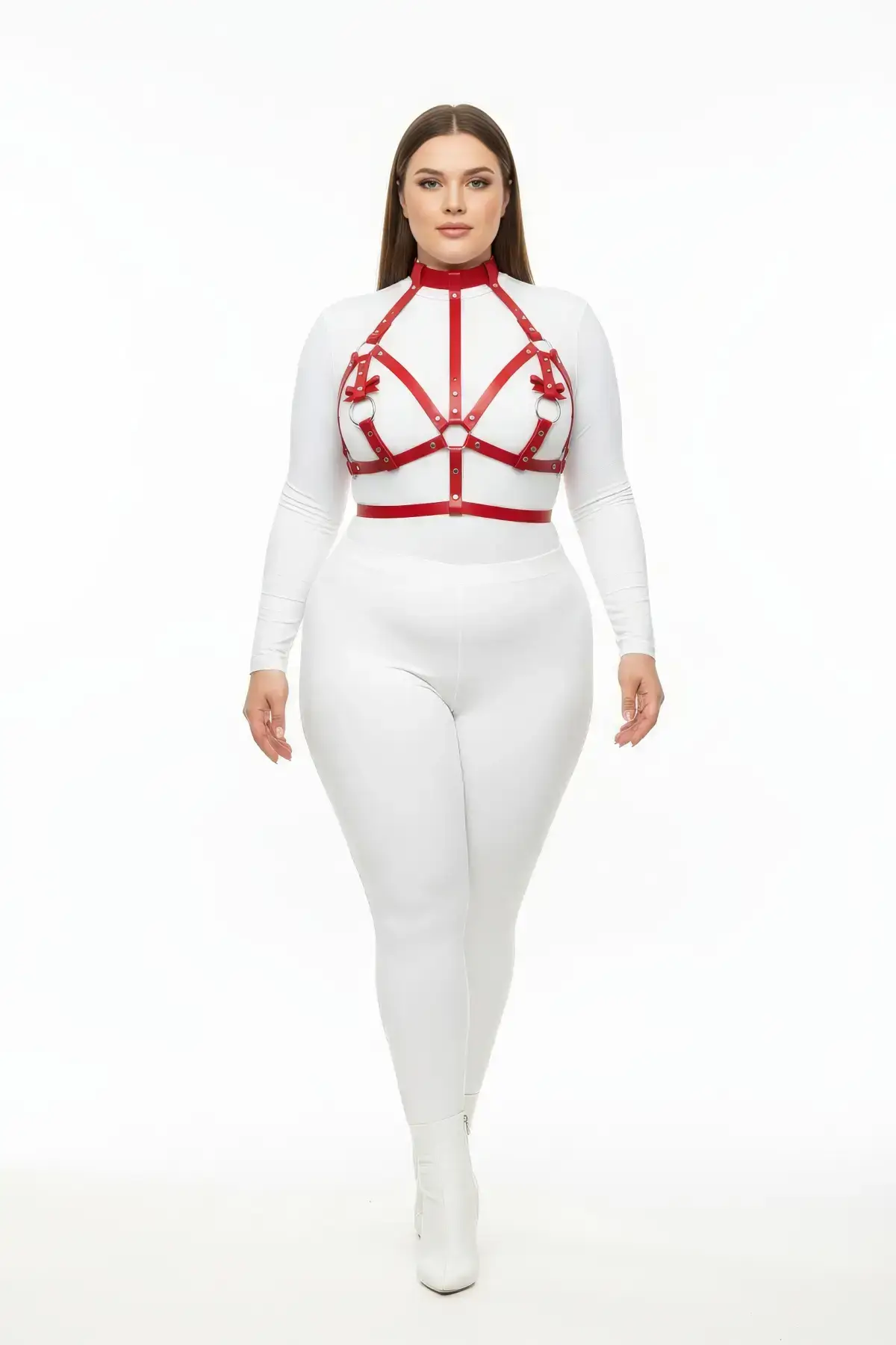 Plus Size Red Women's Harness Set with Leather Chest Accessory and Ring Detail - SH473