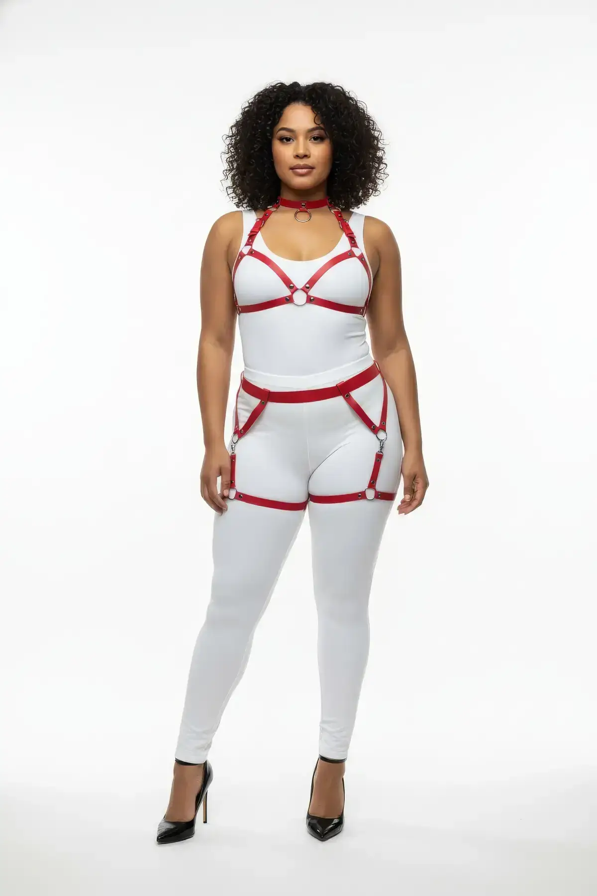 Plus Size Red Women's Leather Harness Set with Garter and Ring Details - SH478