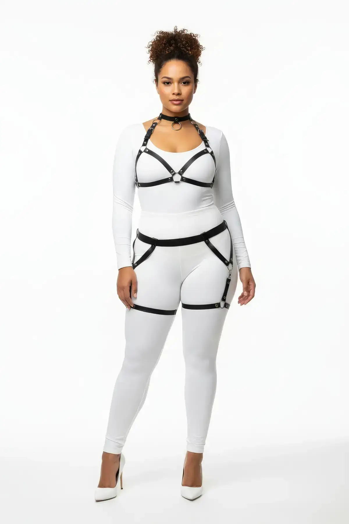 Plus Size Black Women's Leather Harness Set with Garter and Ring Details - SH478