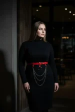 Plus Size Red Women's Belt with Ring Buckle and Chain Detail Leather Accessory - SH484