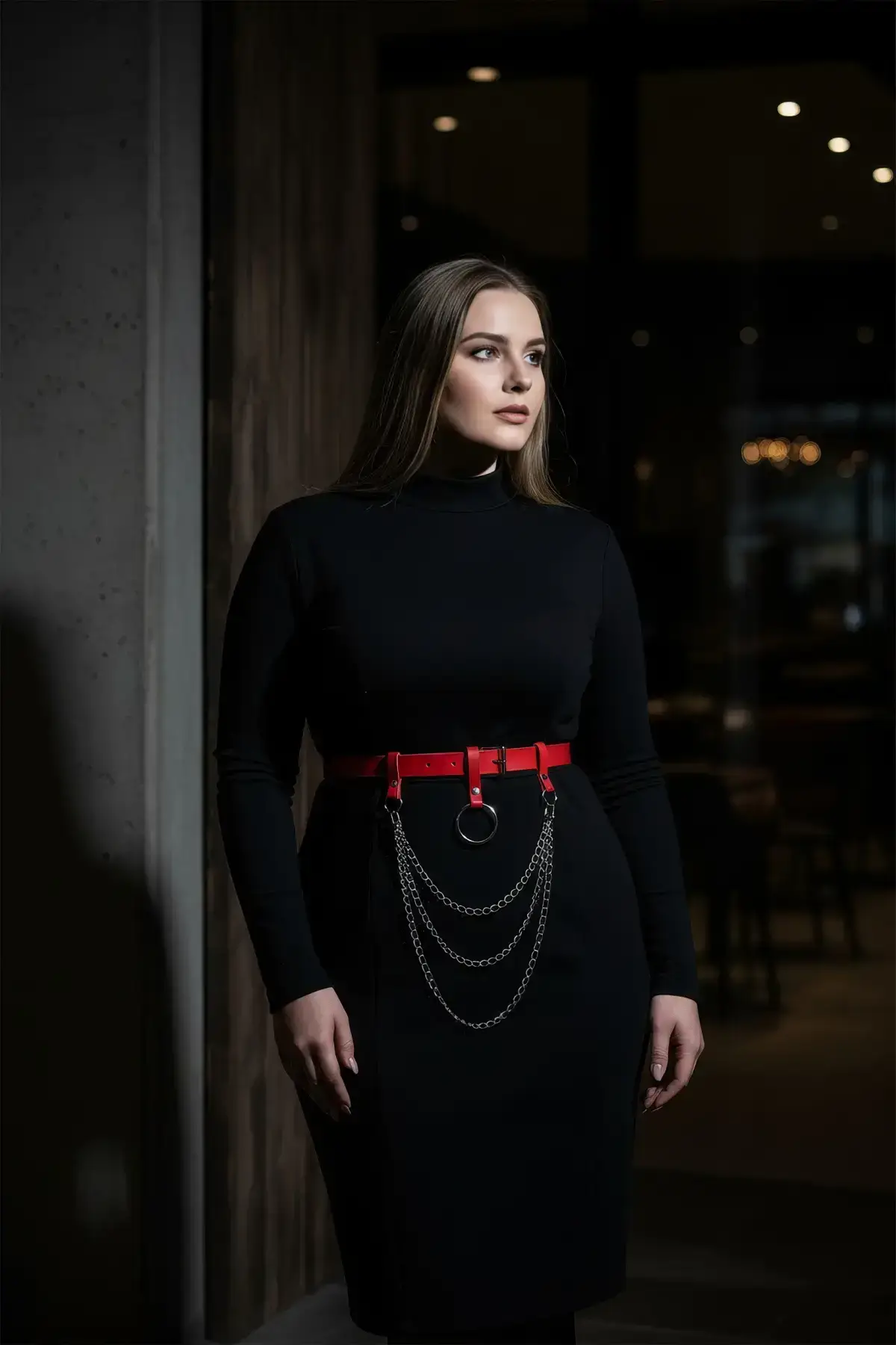 Plus Size Red Women's Belt with Ring Buckle and Chain Detail Leather Accessory - SH484