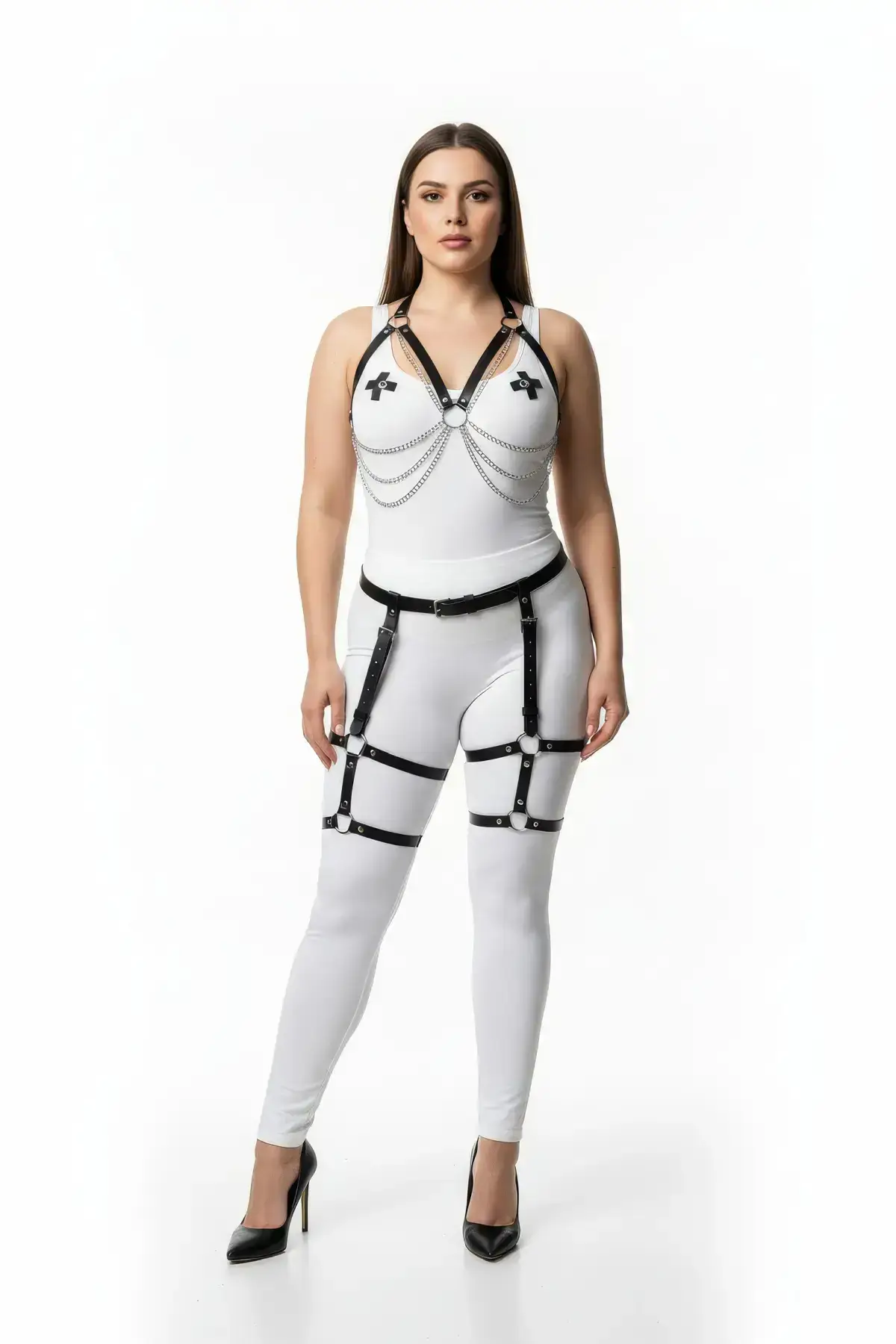 Plus Size Black Women's Leather Garter Harness Set with Chain Detail - SH497