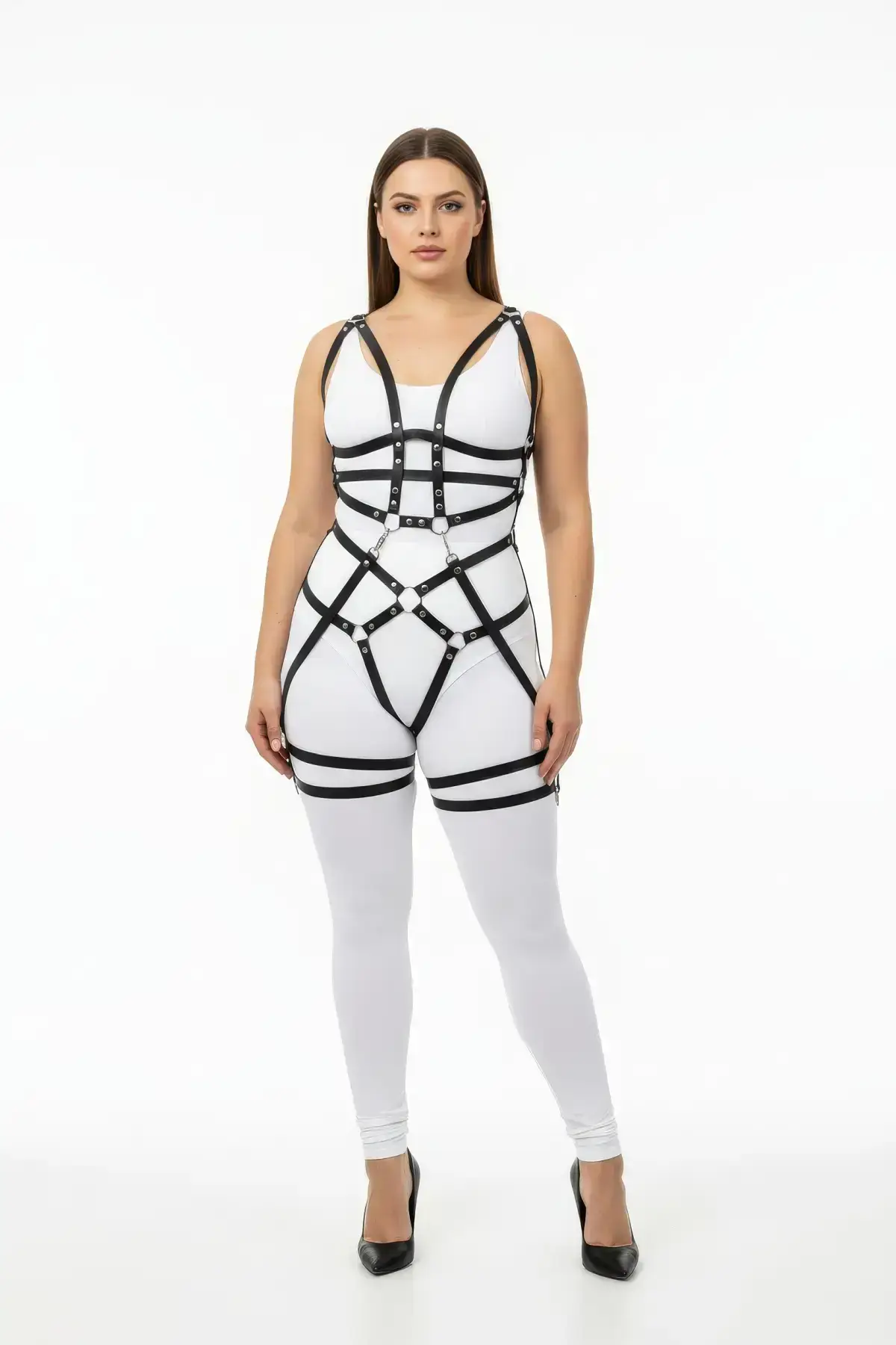 Plus Size Black Women's Full Body Leather Harness Set with Ring Detail - SH502