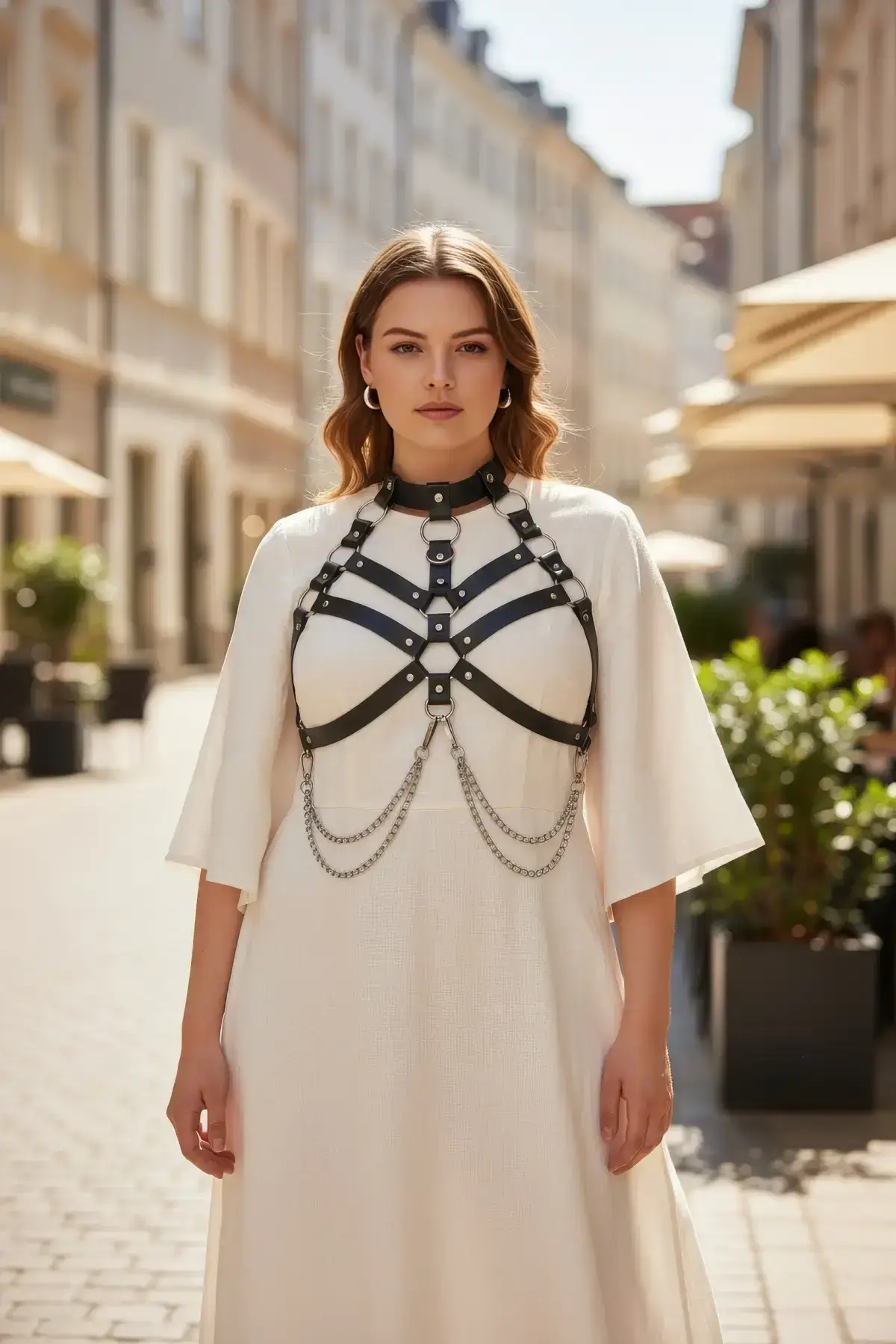 Plus Size Black Women's Leather Harness Body Accessory with Belt and Chain Detail - SH517