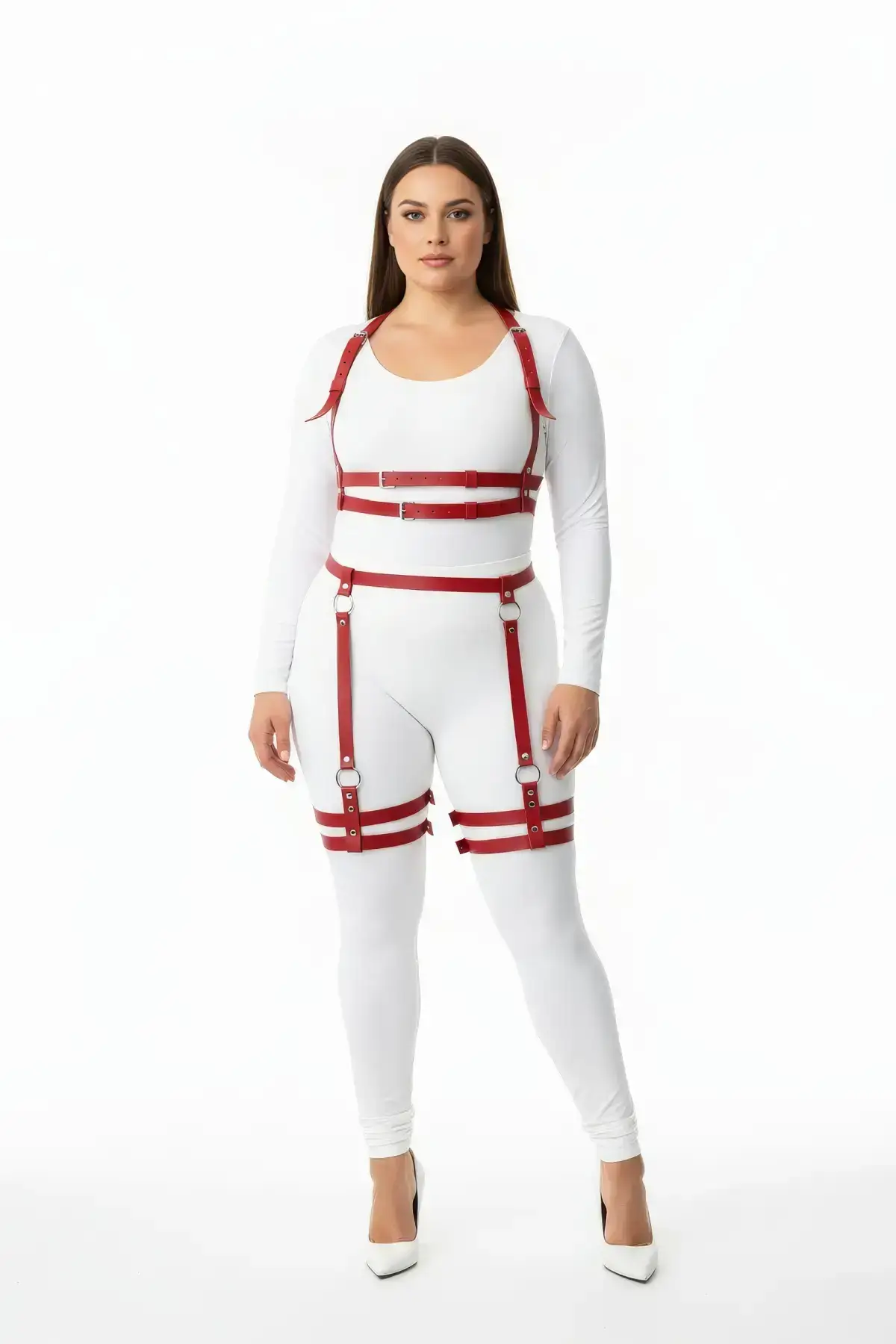 Plus Size Red Women's Leather Harness Set with Adjustable Ring Detail - SH537