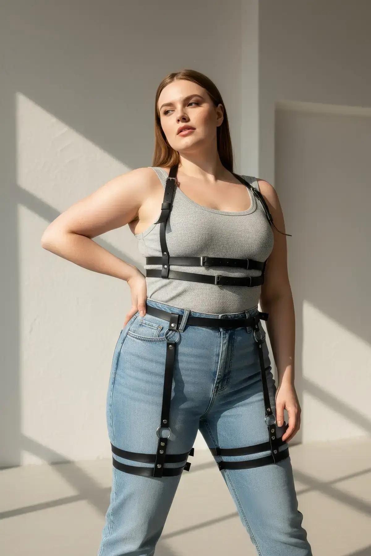 Plus Size Black Women's Leather Garter Harness Upper and Lower Body Accessory - SH537