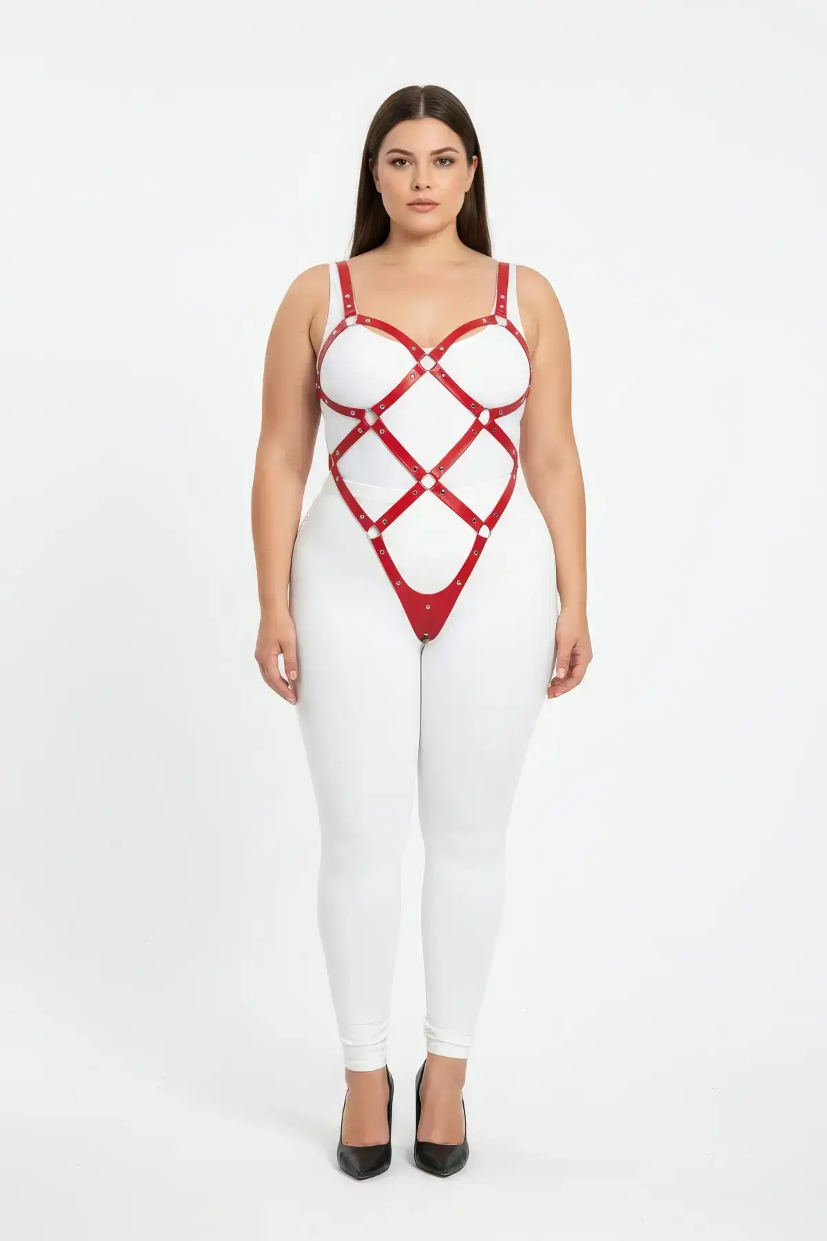 Plus Size Red Women's Leather Full Body Harness Set with Ring Detail Body Accessory - SH542