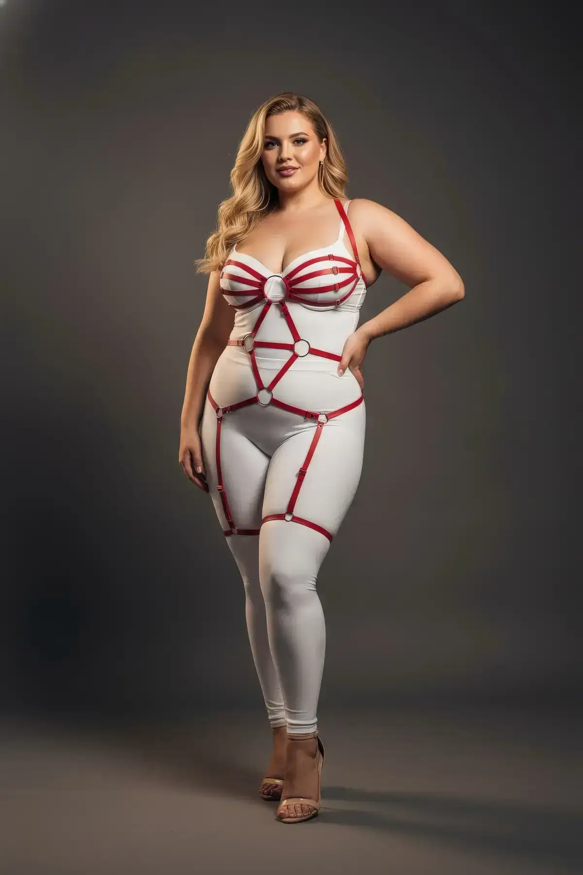 Plus Size Red Women's Garter Harness Full Body Ring Detail Fantasy Accessory - SH568