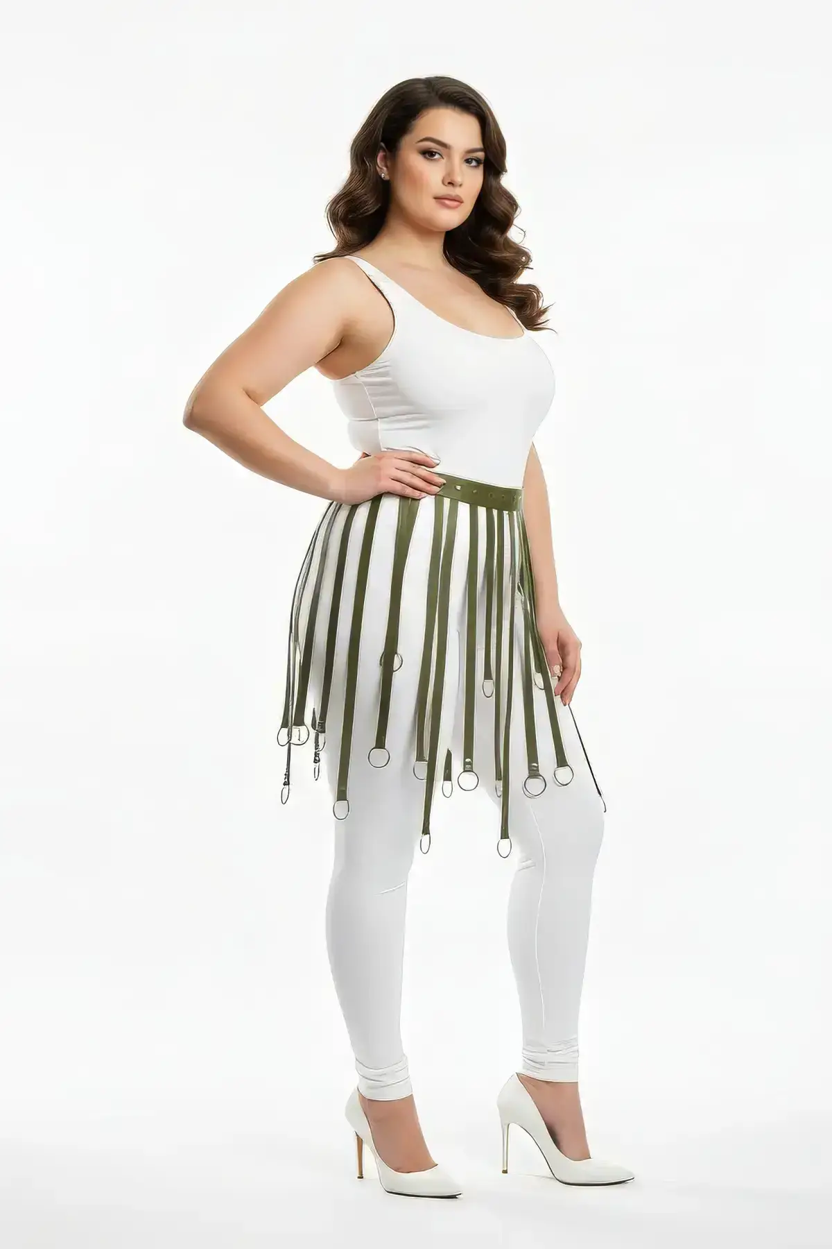 Plus Size Khaki Leather Skirt Accessory with Ring Detail - SH579