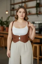 Plus Size Women's Belted Shoulder Strap Corset Detail Leather Outfit - SH612