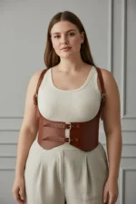 Plus Size Women's Belted Shoulder Strap Corset Detail Leather Outfit - SH612 - Image 3