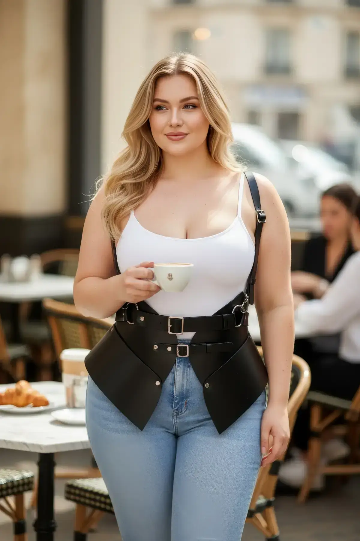 Plus Size Black Women's Leather Corset Belt with Shoulder Straps Waist Shaper - SH616
