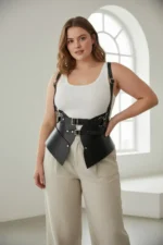 Plus Size Black Women's Leather Corset Belt with Shoulder Straps Waist Shaper - SH616 - Image 2