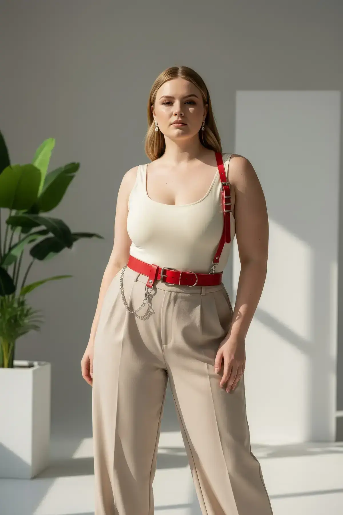 Plus Size Red Women's Belt Chain Detail Harness Body Accessory - SH620